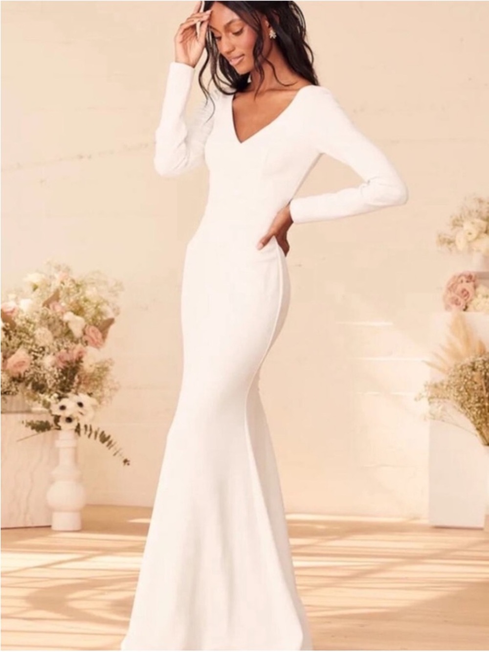 Lulu's White Long-Sleeve V-Neck Mermaid Gown- Lovingly Yours